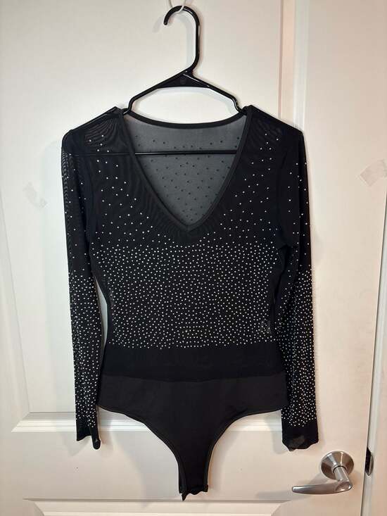 Fashion Nova Tops - Talent Rhinestone Studded Mesh Long Sleeve Bodysuit in Black M/L
